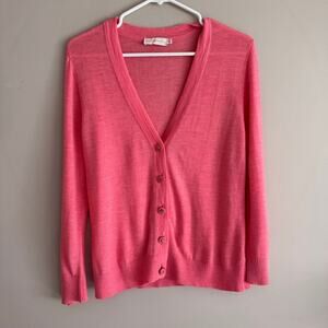 Tory Burch Merino Wool Cardigan Sweater Logo Button Coral Pink Size Medium
